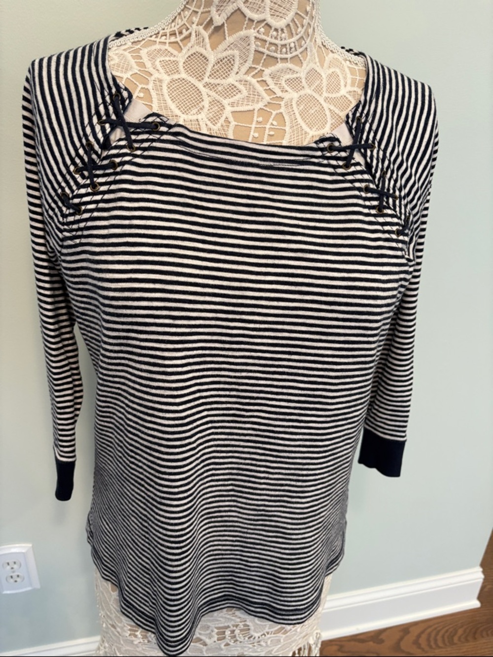 Lauren Jeans Co Ralph Lauren Blue and White Striped Lace-Up Boatneck Top Size XL